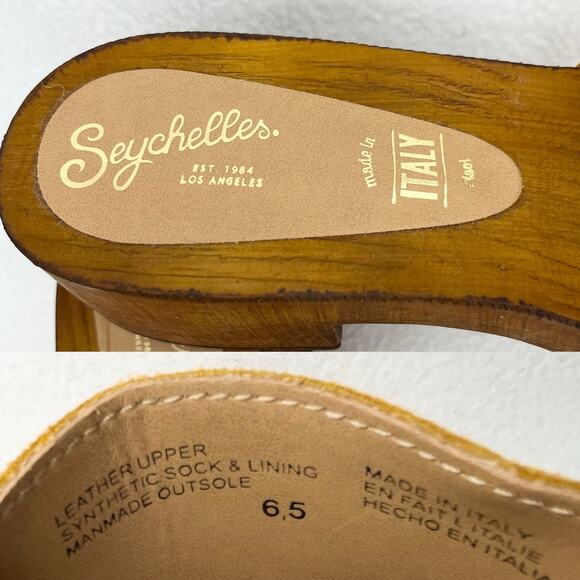 Seychelles Marine Layer Suede Mustard Wood Sandals Slip Ons 6.5 New - Picture 6 of 11